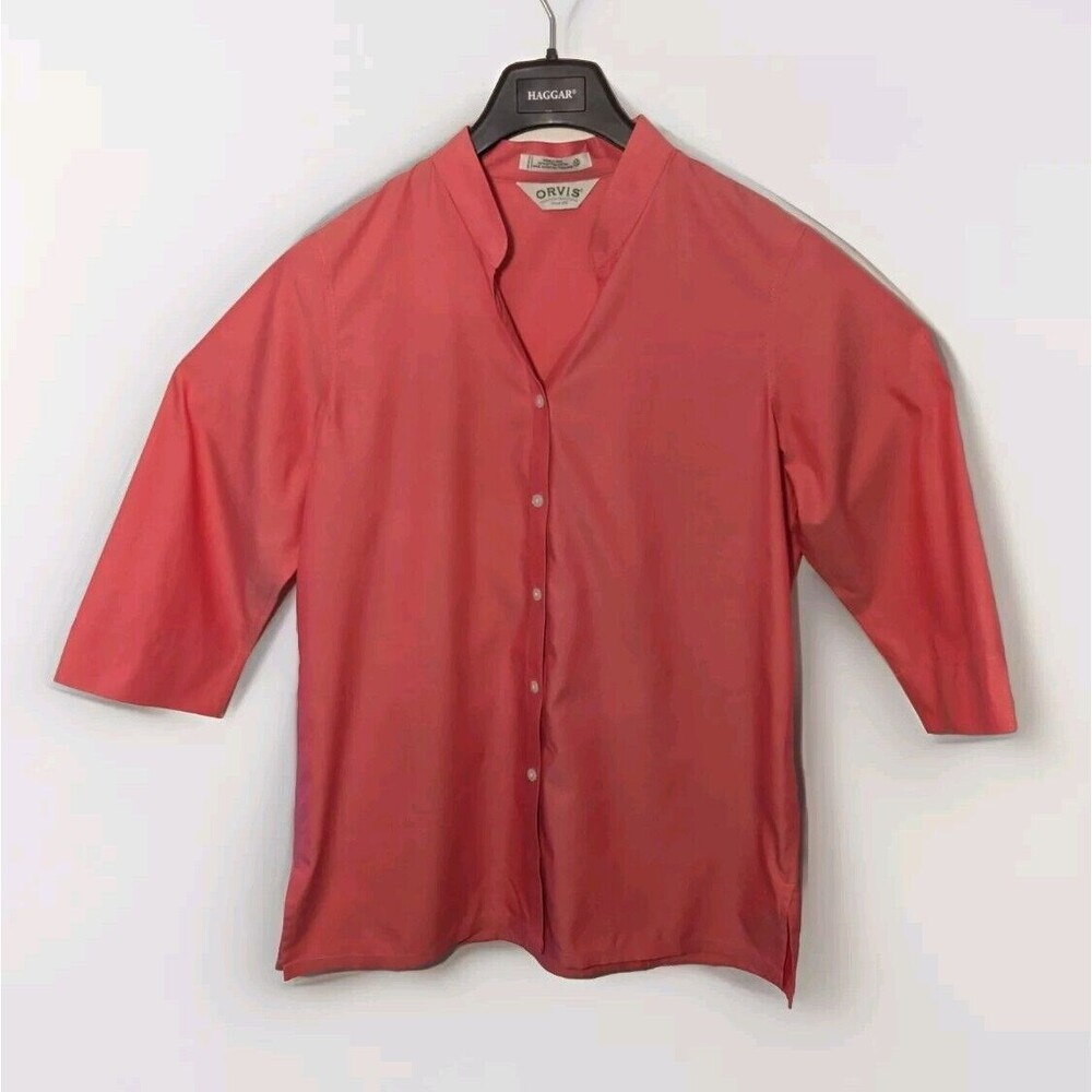 Orvis Cotton Wrinkle Free Button Up Shirt Womens 12 Coral Pink Collar 3/4 Sleeve